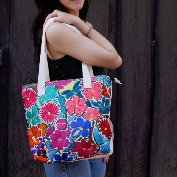 Picture of wild blossom embroidered tote